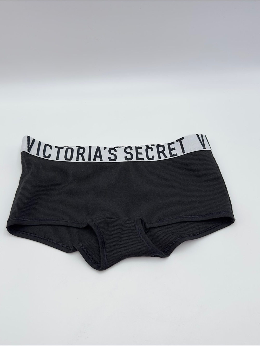 Victoria's Secret Black Ribbed Boyshorts with White Branded Waistband